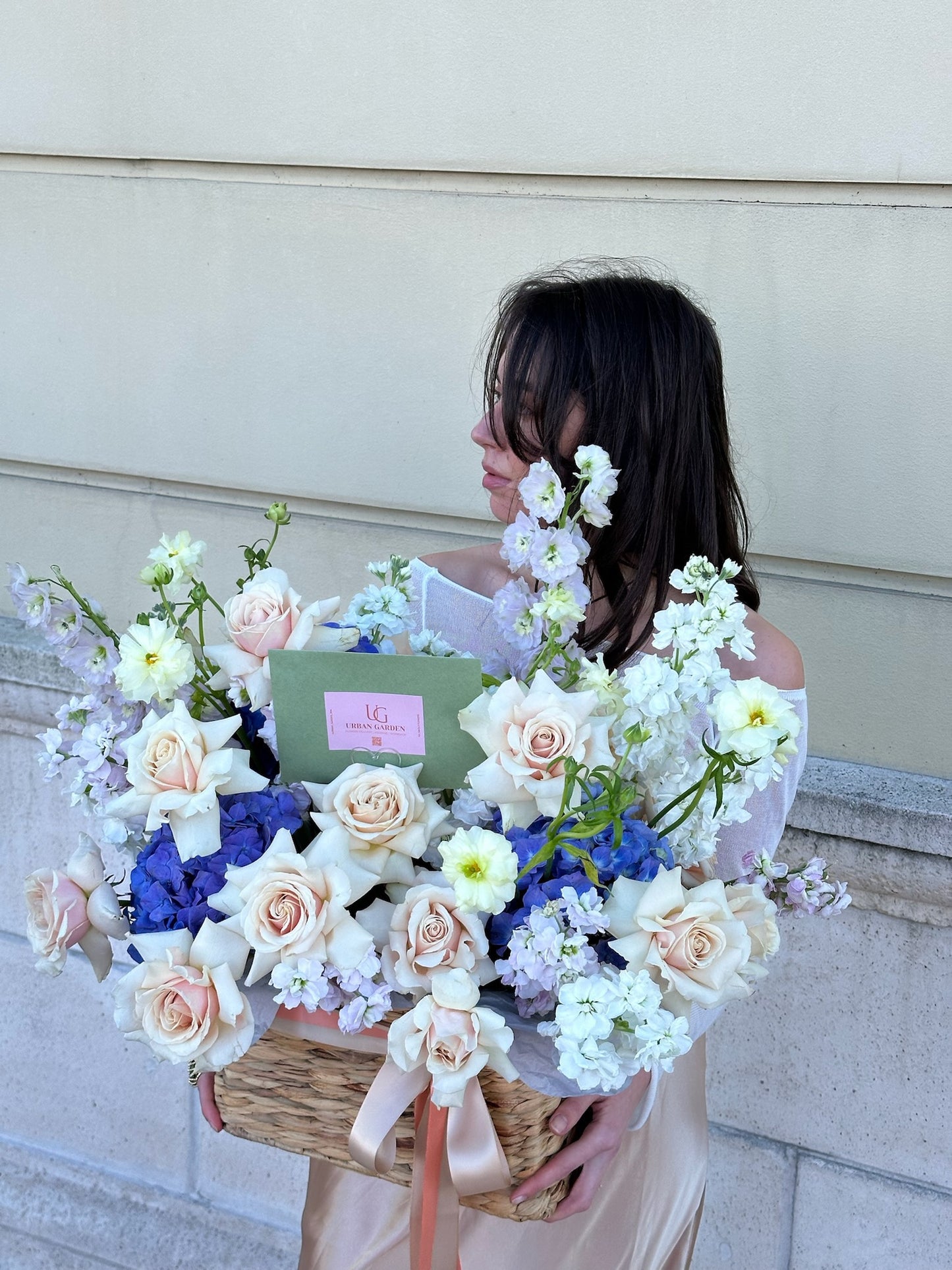 Pastel Garden Basket with Roses & Delphinium