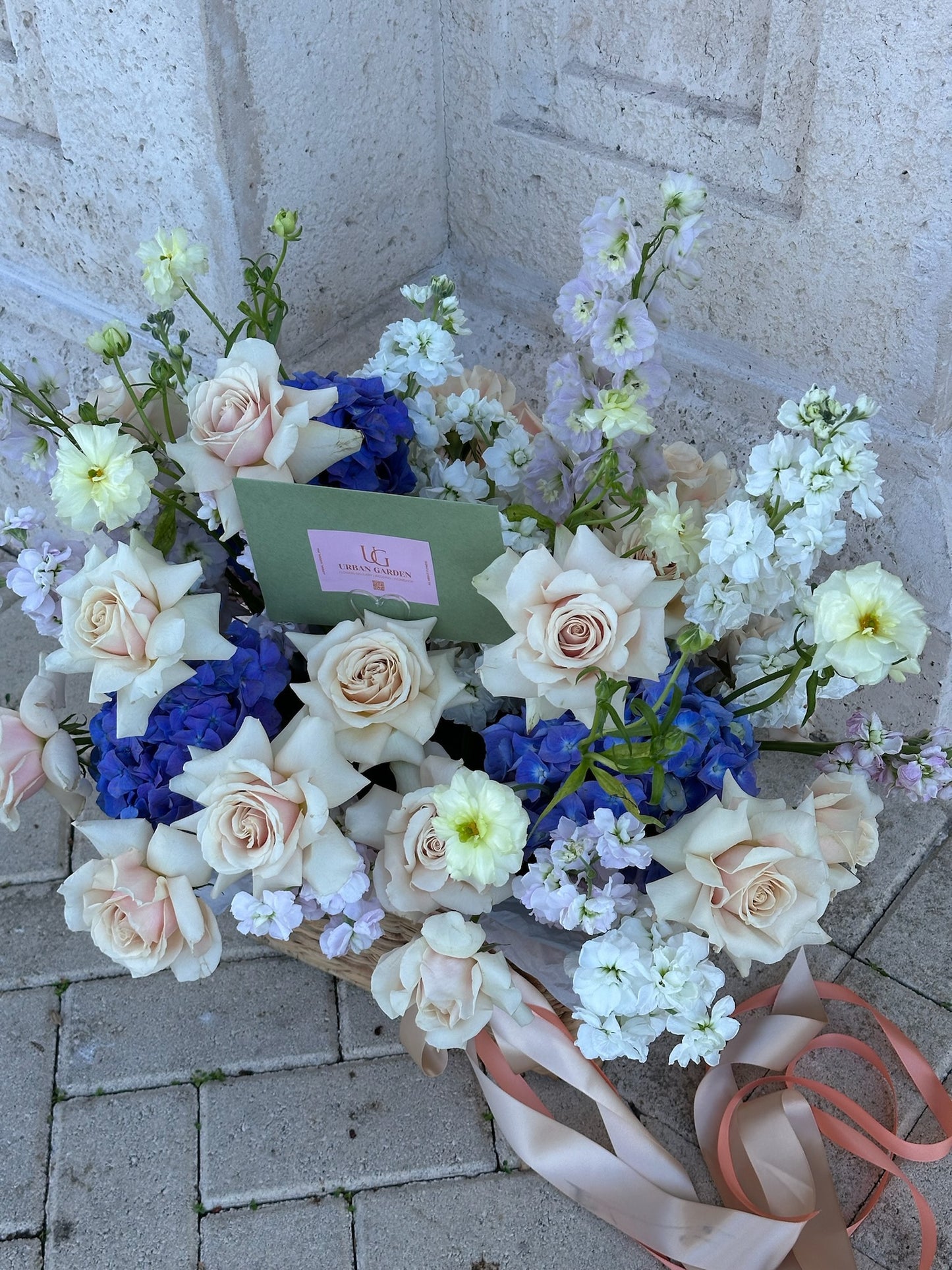 Pastel Garden Basket with Roses & Delphinium