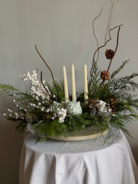 Snowy Magic: Christmas Centerpiece with White Candles